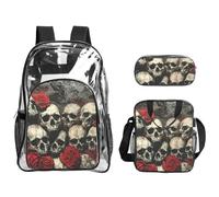 Tamiger Skull And Red Rose Print 3-Piece Transparent Backpack Set For Travel Outdoor Adventures Holiday Clear Bag