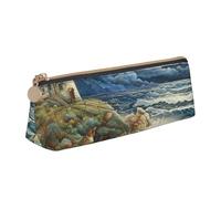 Tamiger The Seaside Lighthouse Print Large Capacity Leather Pencil Case Smooth Zippered Pen Pouch School Travel Makeup