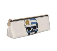 Tamiger Uruguay Flag Skeleton Print Large Capacity Leather Pencil Case Smooth Zippered Pen Pouch School Travel Makeup