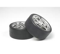 Tamiya 53960 6-Spoke Metal Plated Wheel w/Drift Tire Type D 2 Pcs. (26mm Off +2)