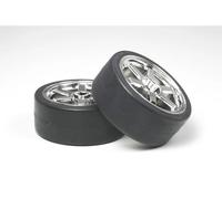 Tamiya 53960 6-Spoke Metal Plated Wheel w/Drift Tire Type D 2 Pcs. (26mm Off +2)
