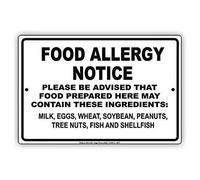 TammieLove Metal Tin Sign 8X12 Inches Food Allergy Notice Warning May Contain Milk, Eggs, Wheat, Soybean, Peanuts, Fish Restaurant Cooking Sign