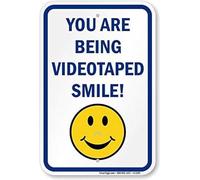 TammieLove You are Being Videotaped Smile! with Graphic Blue/Yellow On White Warning Tin Sign 8x12 inches