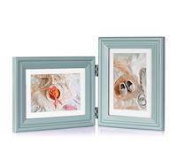 Tamolus 5X7 Double Wooden Hinged Picture Frame Horizontal and Vertical in Teal Blue, Display 4x6 with Mat or 5x7 without Mat, Folding Photo Frame with Real Glass Front for Tabletop X2-LAN-HS57