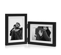 Tamolus 5X7 Double Wooden Hinged Picture Frame Vertical and Horizontal in Black, Display 4x6 with Mat or 5x7 without Mat, Folding Photo Frame with Real Glass Front for Tabletop P-HEI-SH57