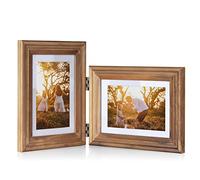 Tamolus 5X7 Double Wooden Hinged Picture Frame Vertical and Horizontal in Distressed Farmhouse Wood Grain, Display 4x6 with Mat or 5x7 without Mat, Folding Photo Frame with Real Glass Front for