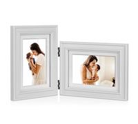 Tamolus 5X7 Double Wooden Hinged Picture Frame Vertical and Horizontal in White, Display 4x6 with Mat or 5x7 without Mat, Folding Photo Frame with Real Glass Front for Tabletop X3-BAI-SH57