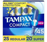 Tampax Compact Pearl Tampons Multipack, with LeakGuard Braid & Extendable Applicator, Regular/Super Absorbency, Compact Extendable Applicator, Unscented, 45 Count