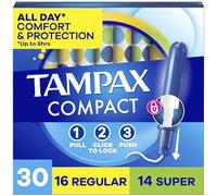 Tampax Compact Pearl Tampons Multipack, with LeakGuard Braid & Extendable Applicator, Regular/Super Absorbency, Compact Extendable Applicator, Unscented, 30 Count