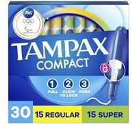 Tampax Compact Pearl Tampons Multipack, with LeakGuard Braid & Extendable Applicator, Regular/Super Absorbency, Compact Extendable Applicator, Unscented, 30 Count