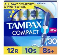 Tampax Compact Pearl Tampons Multipack, with LeakGuard Braid & Extendable Applicator, Regular/Super/Plus Absorbency, Compact Extendable Applicator, Unscented, 30 Count