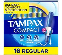 Tampax Compact Pearl Tampons, with LeakGuard Braid & Extendable Applicator, Regular Absorbency, Compact Extendable Applicator, Unscented, 16 Count
