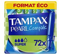 Tampax Compak Pearl, Tampons with Applicator, Super, Eco Size, 72 Individual Pockets (4 x 18), Medium to Bouncers, 3 Comfort with Soft Applicator, MotionFit Technology, Soft Veil