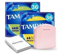 Tampax Compak Super Tampons (2 x 18) & Regular Tampons (2 x 18) with Applicator, 25 Hygiene Disposal Bags & Discreet Sanitary Storage Pouch - Value On-The-Go Bundle