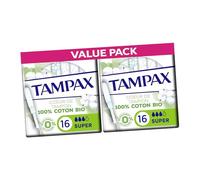 Tampax Cotton Protect Super Organic Tampons 32 Tampons (2 Packs of 16) - Organic Cotton Core with MotionFit Applicator and LeakGuard Braid for Medium to Heavy Flow
