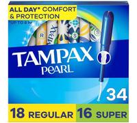 Tampax Pearl Tampons Multipack, Regular/Super Absorbency, with Leakguard Braid, Unscented, 34 Count