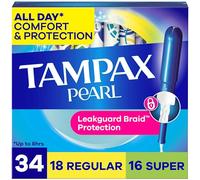 Tampax Pearl Tampons Multipack, Regular/Super Absorbency, with Leakguard Braid, Unscented, 34 Count