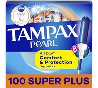 Tampax Pearl Tampons Super Plus Absorbency, 100 Count, BPA-Free Plastic Applicator and LeakGuard Braid, Unscented, 50 Count, Pack of 2 (100 Count Total)