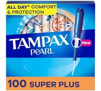 Tampax Pearl Tampons Super Plus Absorbency, 100 Count, BPA-Free Plastic Applicator and LeakGuard Braid, Unscented, 50 Count, Pack of 2 (100 Count Total)