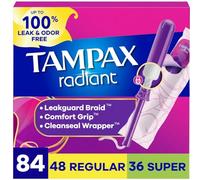 Tampax Radiant Tampons Duo Pack with LeakGuard Braid, Regular/Super Absorbency, Unscented, 84 Count