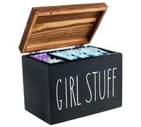 Tampon Holder for Bathroom,Versatile Shark Week Period Box with 2 Compartments,Wood Bathroom Storage Bin with Lid,Cotton Swab Sanitary Towel Holder Feminine Product Organizer (Black 20x15x13cm)