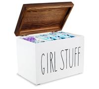 Tampon Holder for Bathroom,Versatile Shark Week Period Box with 2 Compartments,Wood Bathroom Storage Bin with Lid,Cotton Swab Sanitary Towel Holder Feminine Product Organizer (White 20x15x13cm)