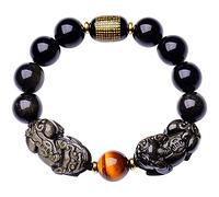 TAMSNDL Men's Link Bracelets Double Piyao Tiger Eye Beaded Bracelets Natural Golden Obsidian Black Obsidian Gemstone Energy Bracelet Adjustable,black obsidian,12mm(Black Obsidian-12mm)