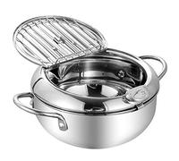TAMUME 2.5L Stainless Steel Lidded Deep Fryer Pot with Removable Drainer Rack, Attached with Deep Fryer Thermometer