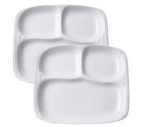 TAMUME White Porcelain Plate with 3 Compartment for A Person, 3-in-1 Rectangle Food Tray with Beading Pattern - 10" * 8.5" * 1 (Pack of 2)