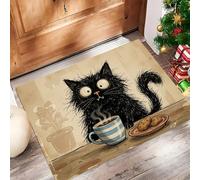 Tan Indoor Door Mats, Cartoon Black Cat Doormat Non Slip Backing - Dirt Trapper Mat Absorbent Non-Slip Doormat for Entrance Inside Kitchen Front Back Door Pets and Garden -