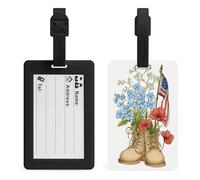 Tan Military Boots Blue Flower Red Poppies Luggage Tag Travel Bag Suitcase Baggage Name Tags