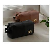 (Tan) Personalised Embroidered Men's Leather Wash Bag with Strap, Black or Brown, Leather Toiletry Bag Embroidered with Initials