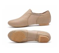 Tan Slip On Jazz Dance Shoes - Pure Leather - Modern Stage Rubber Heel - Neoprene - Irish Dancing Pumps Eye Style Slipper - Kids Adult - (Adult 7.5)