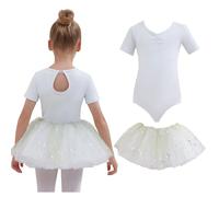 Tancefair Girls Ballet Dress Sparkly Short Sleeve Ballet Outfit Ballet Leotard with Removable Shiny Tutu Dress Gymnastics Dance Leotard White-Green