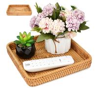 TANCUDER Rattan Serving Tray Rattan Bathroom Vanity Trays Rustic Toilet Tank Baskets Square Hand Woven Wicker Tray Decorative Table Storage Tray Organiser for Makeup Napkin Candle Ornament, 21cm
