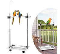 Tandefio Parrot Stand Bird Play Stand 21.65 x 15.35 x 27.95 Inches Large Metal Stainless Steel Bird Playstand Adjustable Height Perch with Universal Wheels and Feeding Bowls