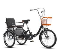 Tandem Adult 20 Inch 3-Wheel Tricycle Double Chain Double Brake Back Seat Basket for Couples Parent-Child Recreation Shopping Picnics Black