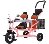 Tandem Tricycle with Headlight, Dual Seats Stroller for Kids, Ages 3-8, Parent Push Handle, Rear Seat with Sponge Guardrail, Titanium Wheels