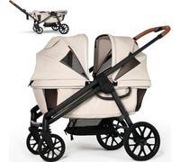 Tandem Wagon Stroller for 2 Kids, All-Terrain with Removable UV Canopy, Adjustable Slide/Pull Handle, Snack Tray and Drink Holder, Perfect for Baby and Toddler (Khaki)