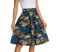 Tandisk Women's Vintage A-line Printed Pleated Flared Midi Skirt with Pockets, Fan Leaf Flower, S