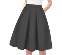 Tandisk Women's Vintage A-line Printed Pleated Flared Midi Skirts with Pockets Grey L