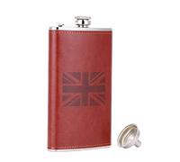 TANEAXON British Flag UK 12 oz Red-Brown Pocket Whiskey Leather Wrapped Flasks for Liquor with Funnel and Box - Stainless Steel and Leak Proof