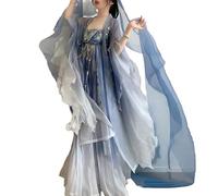 Tang Dynasty Hanfu Dress Set - Hidden Butterfly Embroidered Sheer Gown with Flowing Sleeves & Waist Chain, Ethereal Summer Fairy Outfit (Complete Ensemble) (M) Blue