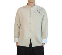 Tang Suit Traditional Hanfu Flying Crane Embroidery Shirt Top Chinese Clothing Men's Kung Fu Uniform Bomber Jacket Coat Hemp Color 3XL