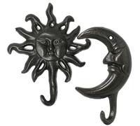 TANGAN Cast Iron Hook, 2Pcs Heavy Duty Vintage Cast Iron Hooks with Screws Hanging, Antique Black Hooks Wall Hanger for Coat, Scarf, Bag, Towel, Key, Cap (Sun and Moon)