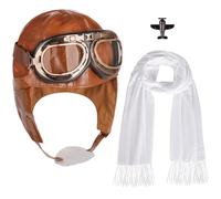 Tanganan Aviator Costume Accessories, 4Pcs Vintage Aviator Hat with Goggles White Scarf Brooch for Halloween Career Day Aviation Pilot Theme Party