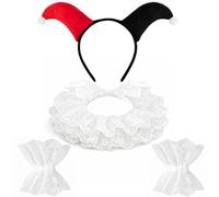 Tanganan Clown Collar with Headband, Renaissance Victorian Ruffle Collar and Wrist Cuffs Set Layered Clown Choker Neck Collars Cuff for Halloween Fancy Dress Cosplay Costume (black) (red)
