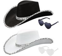 Tanganan Cowboy Hat, 2pcs Cowgirl Hat Halloween Costume for Women Men Adult Western Cow Girl Hats with Heart Glasses Dress Up Cow Girl Costume for Bachelorette Bachelor Party (black+white)