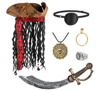 Tanganan Halloween Pirate Hat Costume Set, 6 Pcs Pirate Costume with Dreadlocks Skull Head Sword Ring Necklace Earrings Eye Patch Leather Brown Hat for Women Men