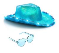 Tanganan Light Up Cowboy Hat for Women Men,Halloween Costume LED Cowgirl Hats Western Cow Girl Hat Sparkly Space Cowboy Hats for Party Halloween Costume Dress Up (Blue-1)